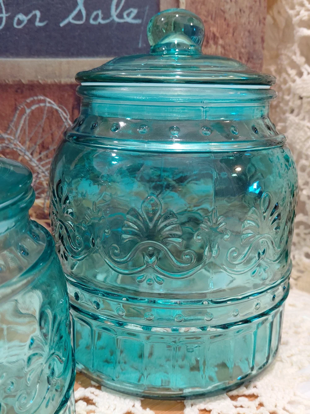 The Pioneer Woman Teal Cassie Embossed Glass Canister Trio with Lids